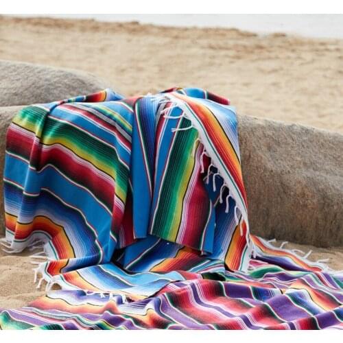 Mexico Handmade Striped Ethnic Blanket and Throws Tassel Beach Towel Picnic Mat red Tablecloth Table Runner Bedspread on The Bed