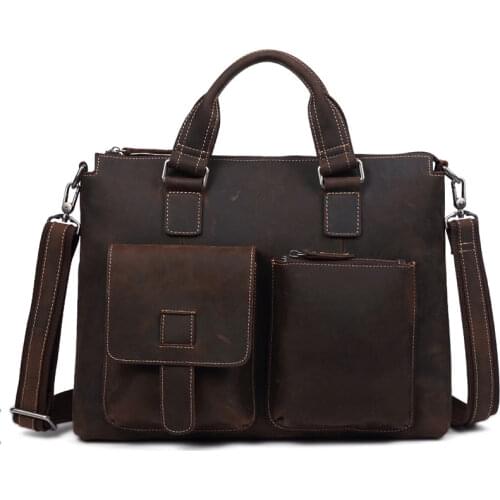 New 2019 Vintage Mens Cow Genuine Leather Briefcase Crazy Horse Leather Messenger Bag Male Laptop Bag Men Business Travel Bag