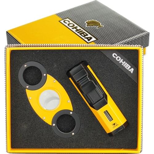 COHIBA Cigar Lighter Cutter Set Windproof Torch Jet Flame Gas Mini Lighter Accessories set Butane Metal with Punch Gift Box