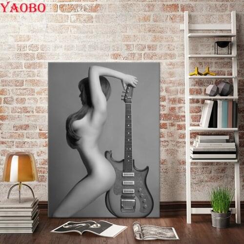 Wall Art 5d diy mosaic full embroidery Black And White Sexy Girl Lady With Guitar Photo handmade diamond painting square round