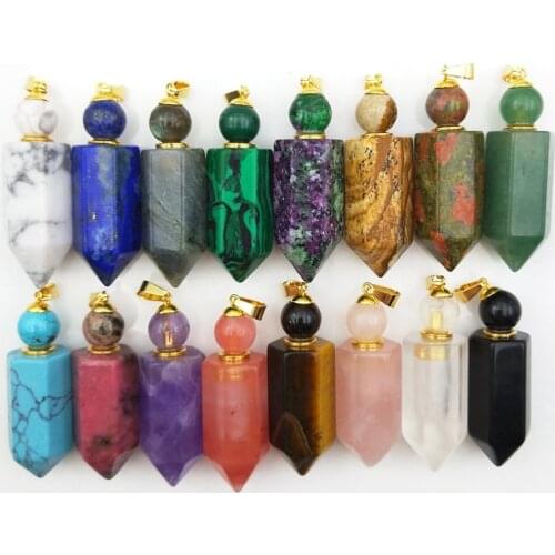 Natural Hexagon prism perfume Bottle Pendant Gems stone Gold plating diffuser Crystal Quartz essential oils for Necklace