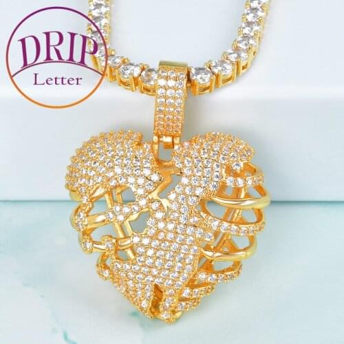 Skeleton Heart Pendant Gold Color Broken Style Necklace 4mm Tennis Chain AAA Cubic Zircon Mens Hip Hop Rock Jewelry