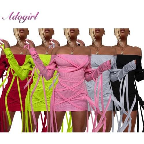 Sexy Sheer Mesh Off Shoulder See Through Party Club Mini Dress Women Casual Solid Summer Backless Bandage Midi Dresses Vestidos