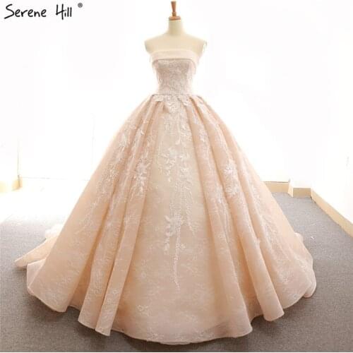 Serene Hill High-end Sleeveless Champagne Wedding Dress 2019 Lastest Handmade Flowers Sexy Off Shoulder Bridal Gown C66607