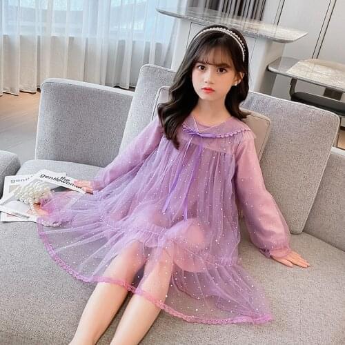 4 To14 Years Kids and Teen Girls Mesh Princess Dress 2021 New Children Korean Style Long Sleeve Spring Clothing Sweet, #9416