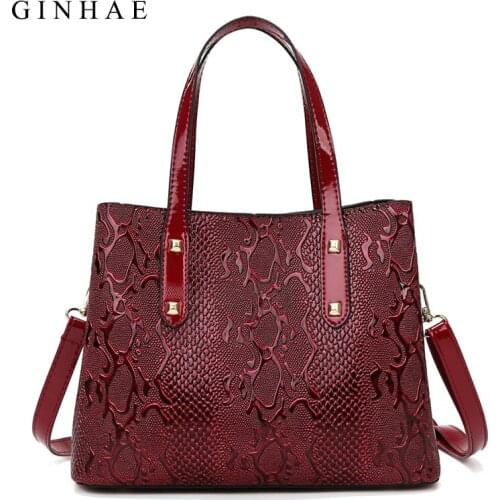 Ginhae PU Leather Shiny Serpentine Shoulder Bags Big Capacity Casual Crossbody Bag Patent Leather Shoulder Strap Handbags Women