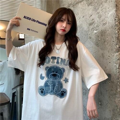 Loose Casual Retro Bear Print Tshirt Womens T-shirts Tops Japanese Kawaii Ulzzang Female Korean Harajuku Clothes For Women