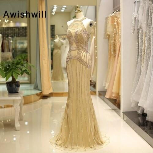 Gorgeous Gold Evening Dress 2020 Long Sleeveless Sparkly Mermaid Formal Prom Gowns Open Back Vestido Longo Abendkleider