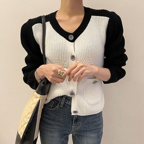 Vintage Elegant Women Cardigan Sweater Full Sleeve V-neck Single-breasted Tops Color-blocked Chic Ladies Jumpers Knitwear 2021