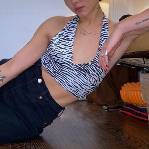 Vintage Halter Backless Summer Cropped Tops Sexy Zebra Printing Deep V Collar Sleeveless Bralette Chic Party Tops