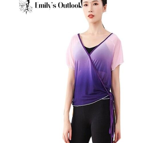 Women Classical Dance Mesh Shirt Transparent Short Sleeve Ladys Chiense Folk Dance Yangko Costume V Neck Wrap Top 2 Colors 2XL