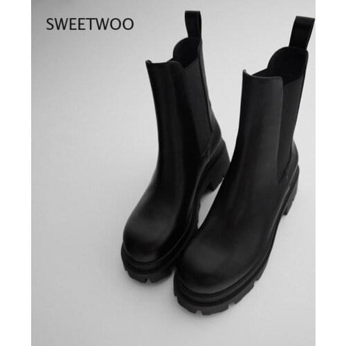2021 Warm Fur Ankle Boots for Women Slip On Women Chelsea Boots Black Leather Chunky Heel Platform Boots Women Winter Shoes