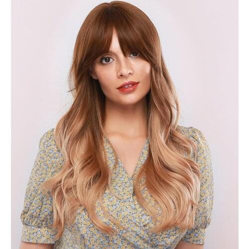 Women Long Curly Wavy Synthetic Wigs with Bangs Cosplay Brown Blonde Wigs Heat Resistant Fiber Cosplay Party Hairpiece