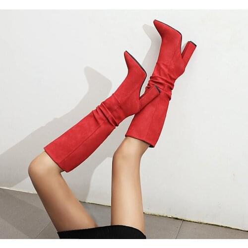 Nice Folds Womens Boots Vogue Knee High Boots Faux Suede High Heels Autumn Winter Plush Woman Shoes Size 34-43 Black