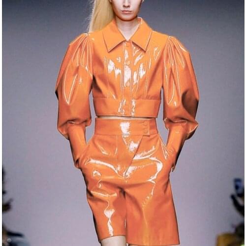 2020 women autumn brand new real patent leather 2 pieces set lantern sleeve short sheepskin leather jackets + shorts set A92
