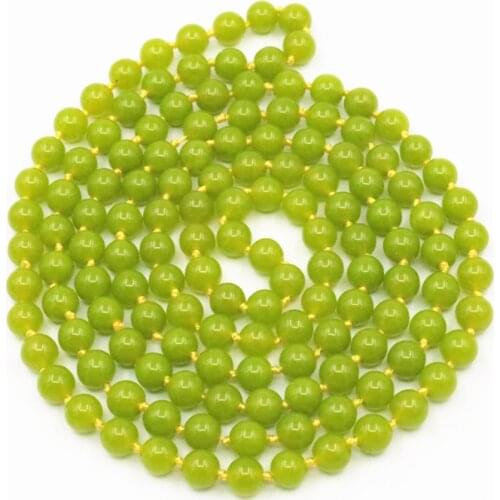 Natural Stone Peridot Jades Women Necklace 8mm Round Beads Necklace Long Chain Necklaces Olive Green Chalcedony Jewelry 36"A450