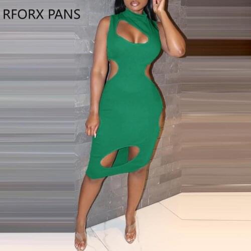 Women Dress Solid Cutout Plain Sleeveless Midi Dress Bodycon Sexy Party Dress