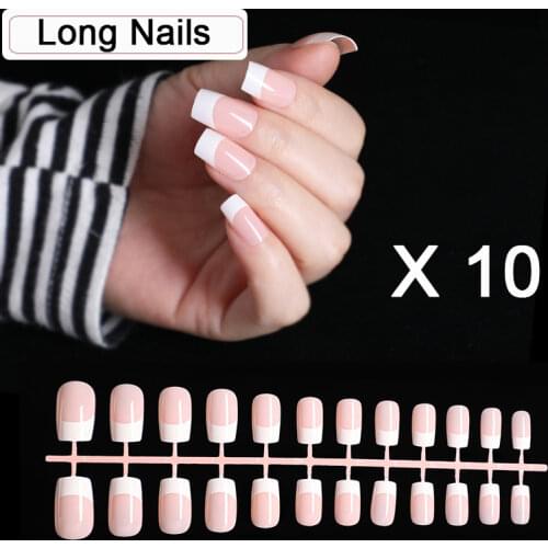 1lot/10 Kits Long Full Cover French Fake Nails Art Tips Nude Manicure False Nails Faux Ongle Salon Fingernails French Tips