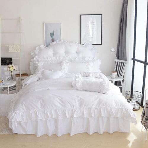 100% Cotton Bedding Set Bed Skirt White Ruffles Duvet Cover Flat Sheet Pillowcase Cushions 4/8pcs