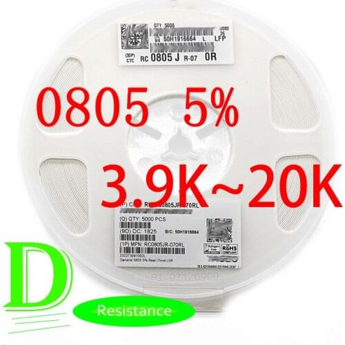 100PCS SMD Resistor 0805 5% RC0805JR-07 Series 3.9K 4.3K 4.7K 5.1K 5.6K 6.2K 6.8K 7.5K 8.2K 9.1K 10K 11K 12K 13K 15K 16K 18K 20K