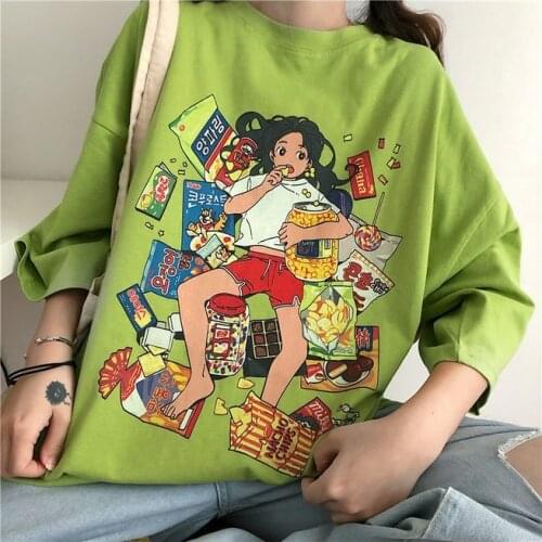2021 Harajuku Korean Girl Eating Snacks CartoonsT Shirts Tees Shirt Tops Cotton Green Short-Sleeved Aesthetic Casual T Shirt