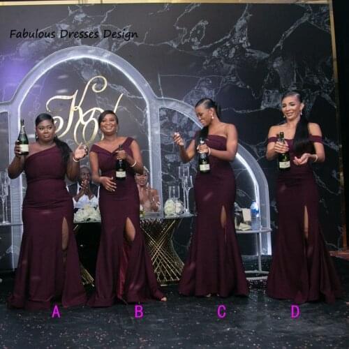 2021 One Shoulder Mermaid Bridesmaid Dresses Burgundy Split African Long Wedding Party Dress Plus Size Robe De Soiree De Mariage