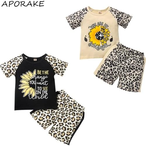 2021 1-5Y Girls Boy Casual Summer Clothes Set Sunflower Printed Pattern Short Sleeve Round Collar Tops+Leopard Shorts 2pcs