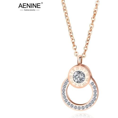 AENINE Trendy Stainless Steel Choker Necklaces Rose Gold Color AAA Zircon Roma Numbers Pendant Necklace For Women Girls AN17077