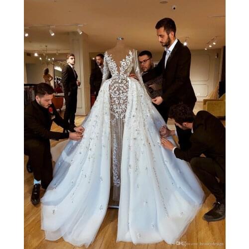 Sparkly Luxurious African Hot Wedding Dresses With Skirts Lace Beaded Sheath Bridal Dresses Long Sleeves Through Wedding Gowns