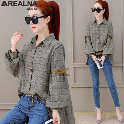 Blusas mujer de moda 2020 Korean Style chic Plaid Blouse Women Shirts Autumn Lantern Sleeve Plus Size Blouses lace Up bow Shirt