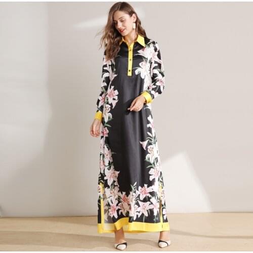 Black chiffon print pink plant floral shirt collar dress women robe 20 summer long casual beach sexy dresses plus size fairy