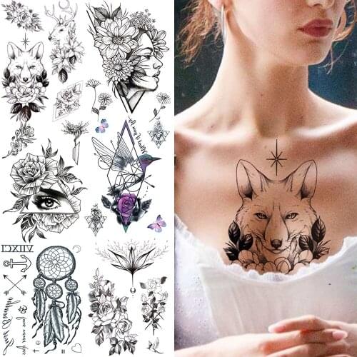 Black Tribal Wolf Temporary Tattoos For Women Girl Realistic Reindeer Rose Hummingbird Tatoos Dream Catcher Fake Tattoo Sticker