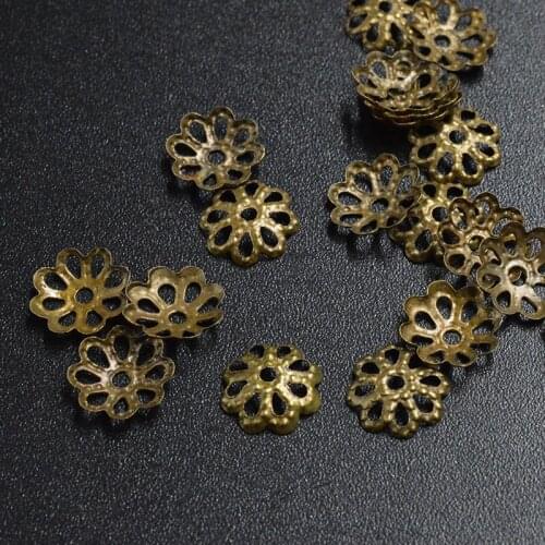 FLTMRH 50pcs 10mm DIY Jewe ly Findings Hol low Flower Metal Filigree Loose Spacer Bead Caps silver color Gold Bronze