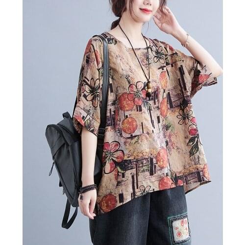 Oversized Loose Summer T Shirts Print Floral Fashion Womens Tops Thin Soft Cotton Cozy Woman T Shirt Travel Casual Tshirt Tees