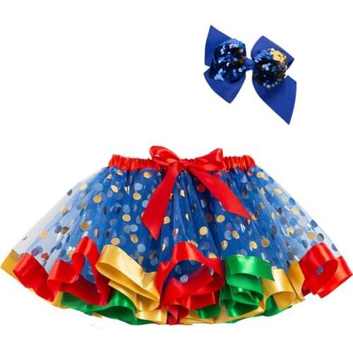 Gold Polka Dot Print Red Bow Sweet Lolita Short Mini Tulle Ball Gown Skirt Girls Tutu Pettiskirt Kids Christmas Party Dance Wear