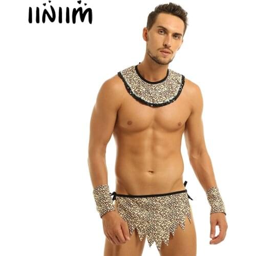 Men Adults Leopard Print Savage Costume Caveman Cosplay Lingerie Set Collar Loincloth Wristbands for Party Halloween Dress Up