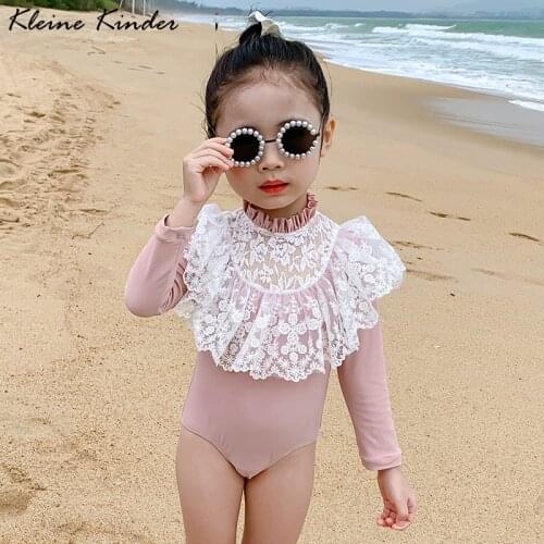 Swimwear for Girls Long Sleeve Lace One Piece Childrens Swimsuit with Swim Cap Bathing Suit for Baby Toddlers Swimming Suits