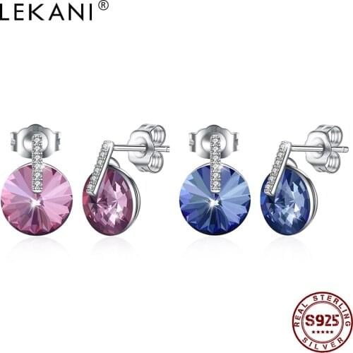 LEKANI Round Colorful Austria Crystal Stud Earring Genuine 925 Sterling Silver Women Earrings Fine Jewelry Trendy Party Gift