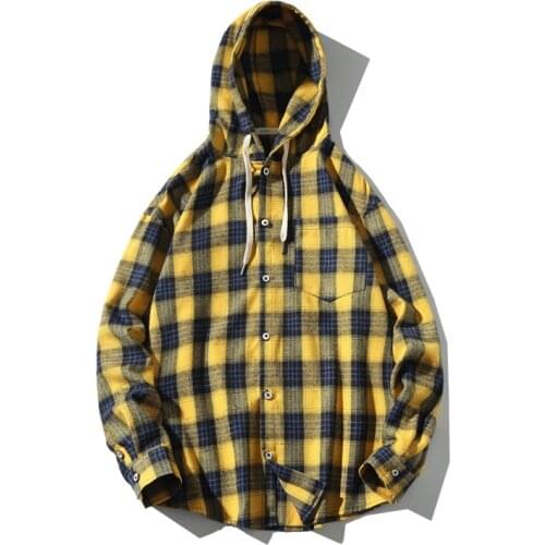 Mens Plaid Hooded Shirt Japanese Large Size Fashion Trendy Loose Casual Student Shirt Harajuku Streetwear Slim Fit Shirt Men