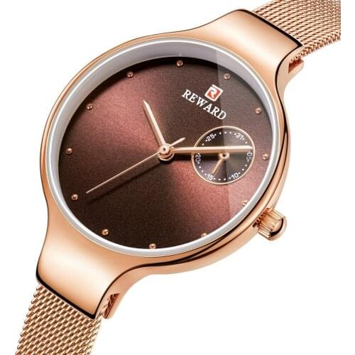 REWARD Womens Watches Women Fashion Rose Gold Ladies Watch Luxury Ultra-thin Bracelet Slim Steel Mesh Female Clock montre femme