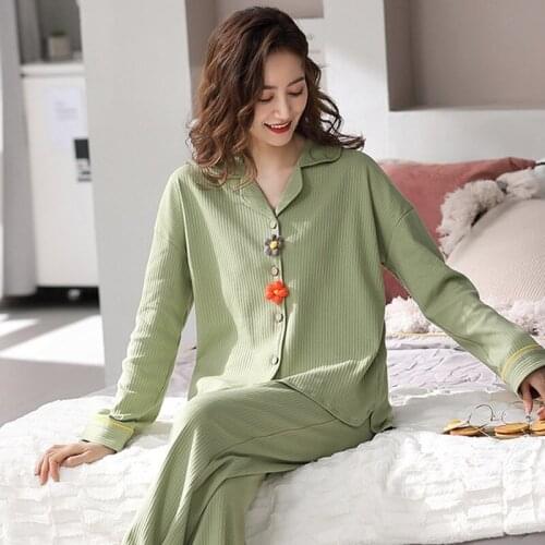 Korean New Womens Pajamas Set 100% Cotton Sleepwear Pijama Long Sleeve Spring Autumn Homewear Large Size Pyjama Femme Corsage