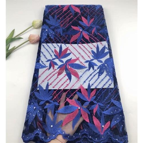 New Design 2019 High Quality Blue African Lace Fabric French Embroidery Beads Stones Tulle Lace Fabric For Nigerian Party Dress