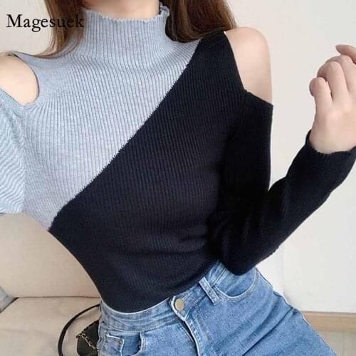 Autumn Fashion Chic Contrast Off-shoulder Knitted Bottoming Shirt Turtleneck Long Sleeve Pullover Plus Size Women Sweaters 12211