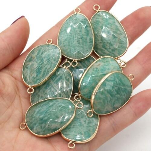2pcs Natural Stone Faceted Charms Connectors Pendants Green Amazonite Drop-shaped Double Hole Jewelry Making Necklace Bracelets
