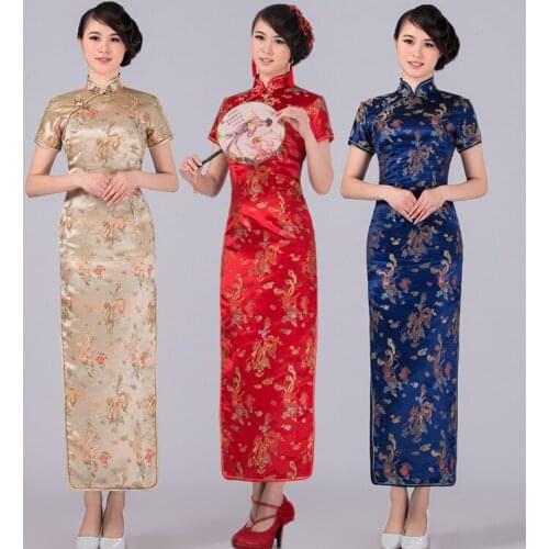 5 Color Traditional Chinese Elegant Womens Satin Long Cheongsam Qipao Short Sleeves Flower Print Party Dresses