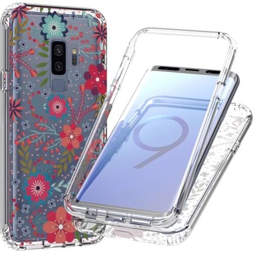 2 in 1 Clear Painted Flower Case for Samsung Galaxy S9+ S9 Plus G965F Hard PC + Soft TPU 360 Full Protective Phone Back Cover
