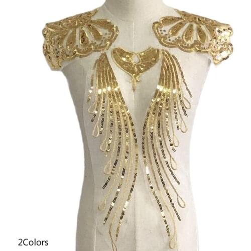 Luxury mesh gold sequin neckline Embroidery lace fabric trim ribbon DIY sewing applique collar wedding dress cloth Accessory