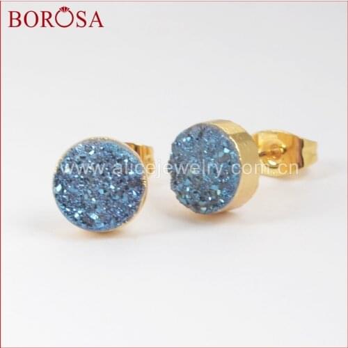 BOROSA Design 5Pair/lot Mix-Color Agates Earring Fashion Gold Color 8mm Round Natural Crystal Titanium Druzy Stud Earring G0889