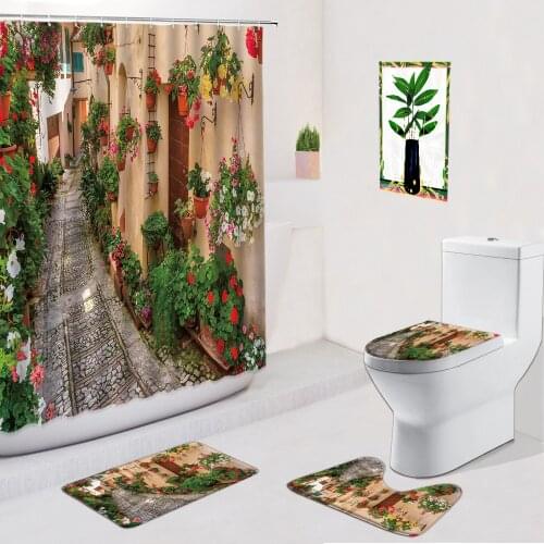 European Street View Bathroom Set Shower Curtain Non-Slip Floor Mat Carpet Toilet Seat Cover With Hooks Flowers Bath Curtains