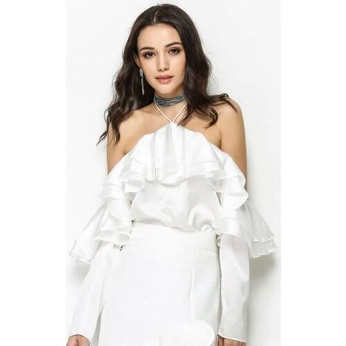 HStar spring women sexy satin slash neck shirt solid backless ladies ruffles blusas halter full sleeve blouse